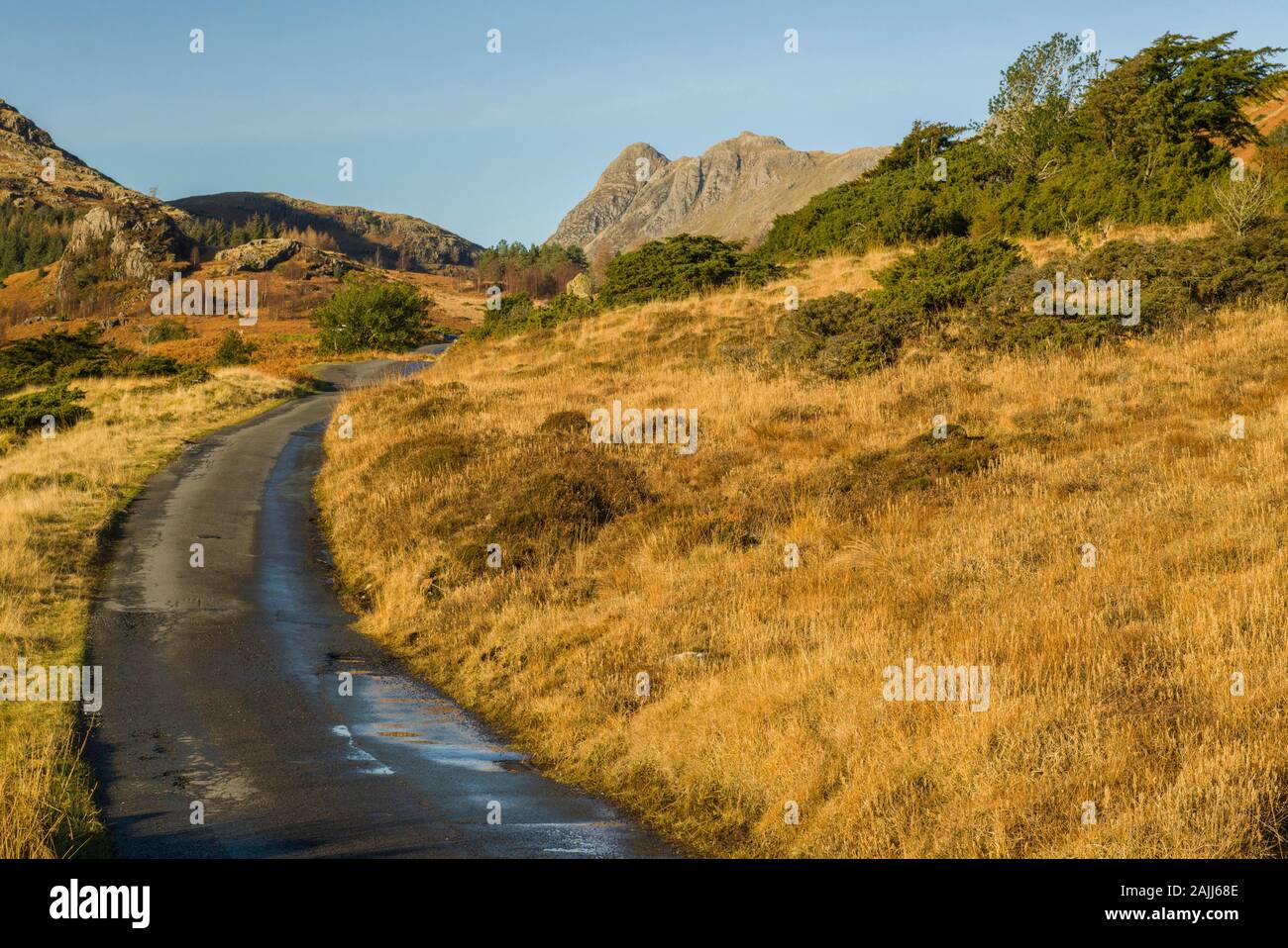 Die Straße aus Dem Tal Von Little Langdale in Richtung der Langdale Pikes im Lake District National Park Cumbria. Diese Straße ist schmal und mit Schlaglöcher. Stockfoto