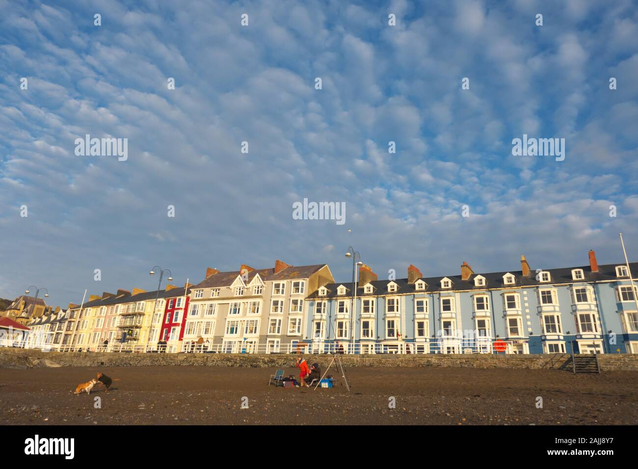 Aberystwyth Wales UK winter Beach Szene mit den Fischern und Hunde im Dezember 2019 Stockfoto