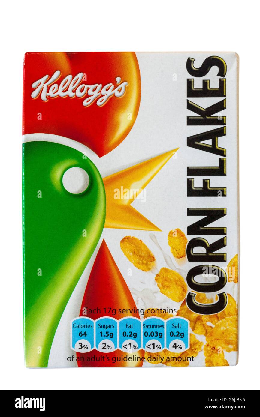 Kleine Schachtel Kellogg's Corn Flakes Müsli, Frühstückszerealien isoliert auf weißem Hintergrund - Kelloggs Müsli Kellogg Müsli Kellogg Müsli Stockfoto