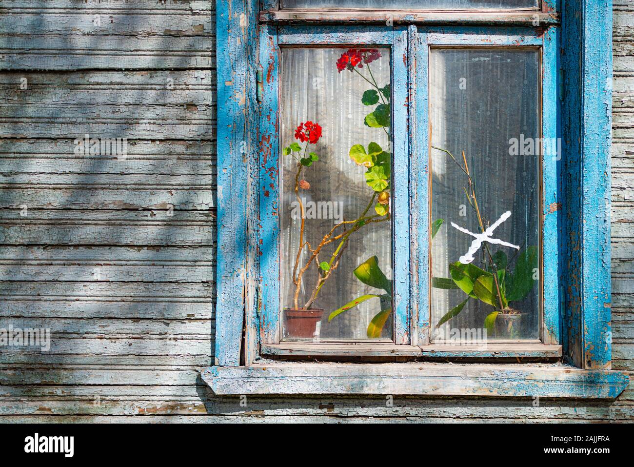 Alte Holz Hintergrund mit Rissen und Linien. Fenster an der Wand des Hauses. Stockfoto