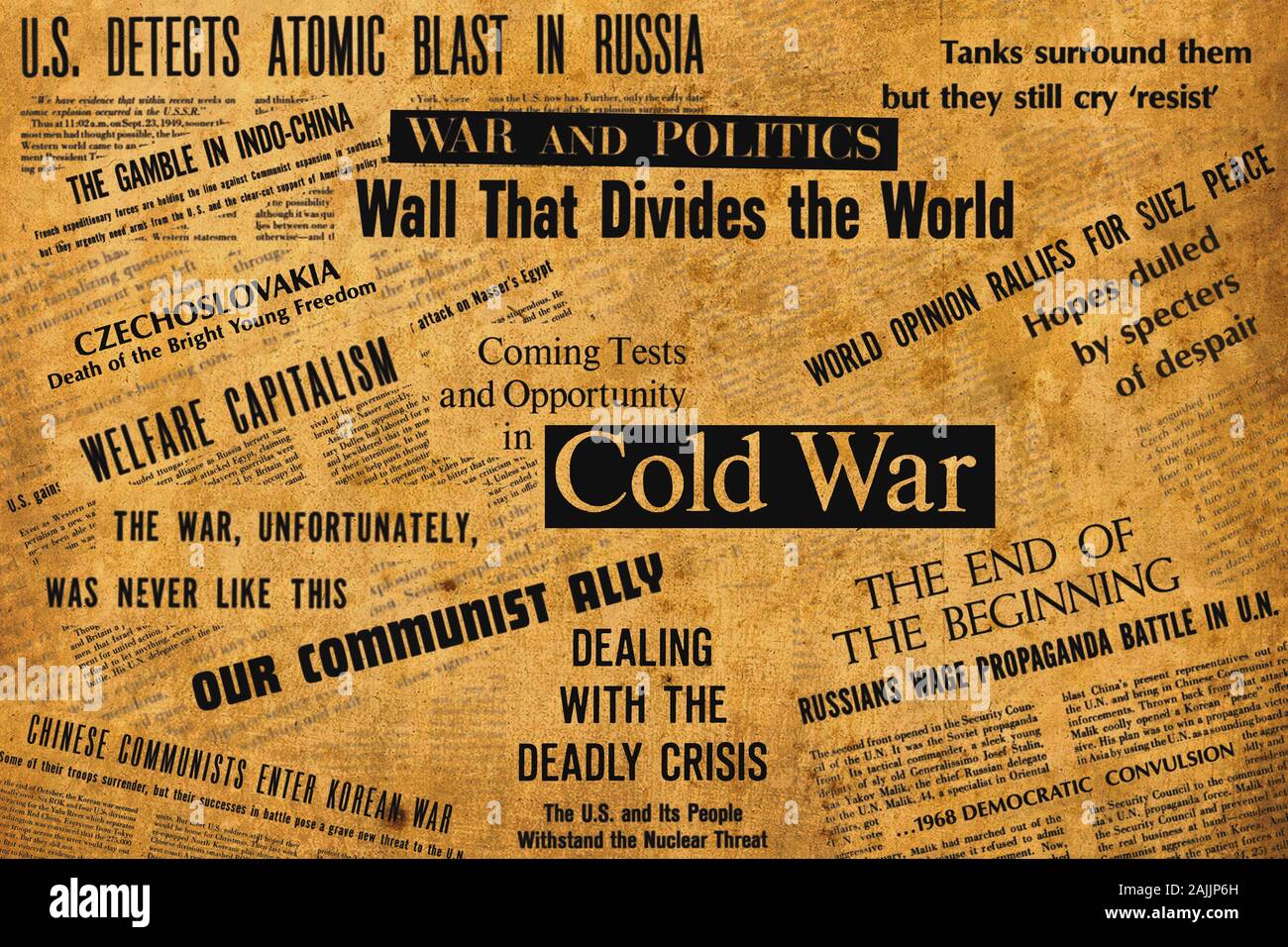 New York, USA - Januar 04, 2020: Schlagzeilen und Text über die historischen Ereignisse während des Kalten Krieges geschah. Stockfoto