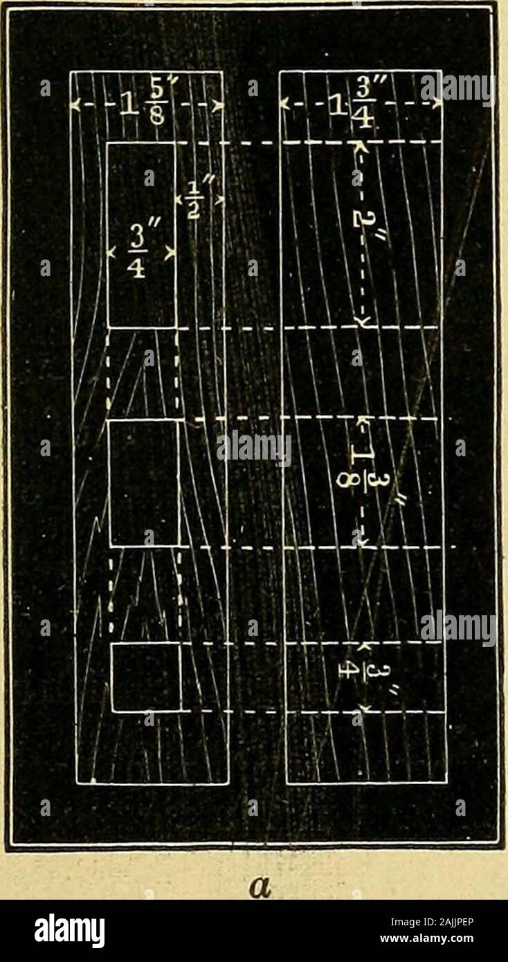 Das Handbuch Ausbildung Schule, bestehend aus einer vollständigen Erklärung über die Ziele, Methoden und Ergebnisse dargestellt, mit Zeichnungen von Shop Übungen in Holz und Metall. Fie. 19. Nr. 7. (Abb. 19.) (1) einzelne zapfenloch Schlitz-zapfen- closedjoint. (2) Doppelte zapfenloch Schlitz-zapfen- gemeinsame geschlossen.. Stockfoto