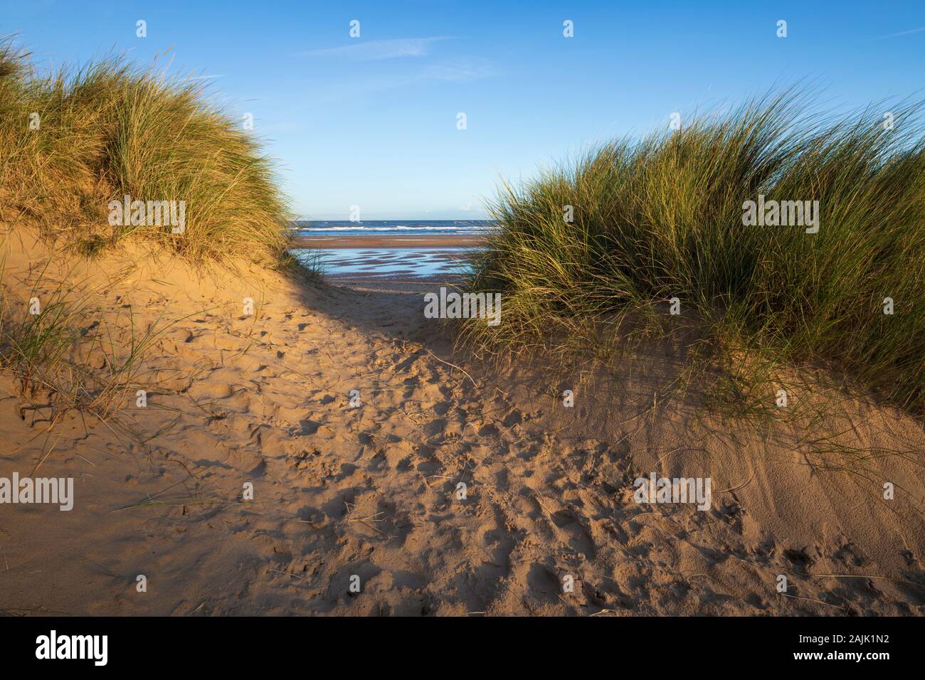 Sonnenaufgang über den Sanddünen von Wells neben dem Meeresstrand bei Flut, Wells-next-the-Sea, Norfolk, England, Großbritannien, Europa Stockfoto