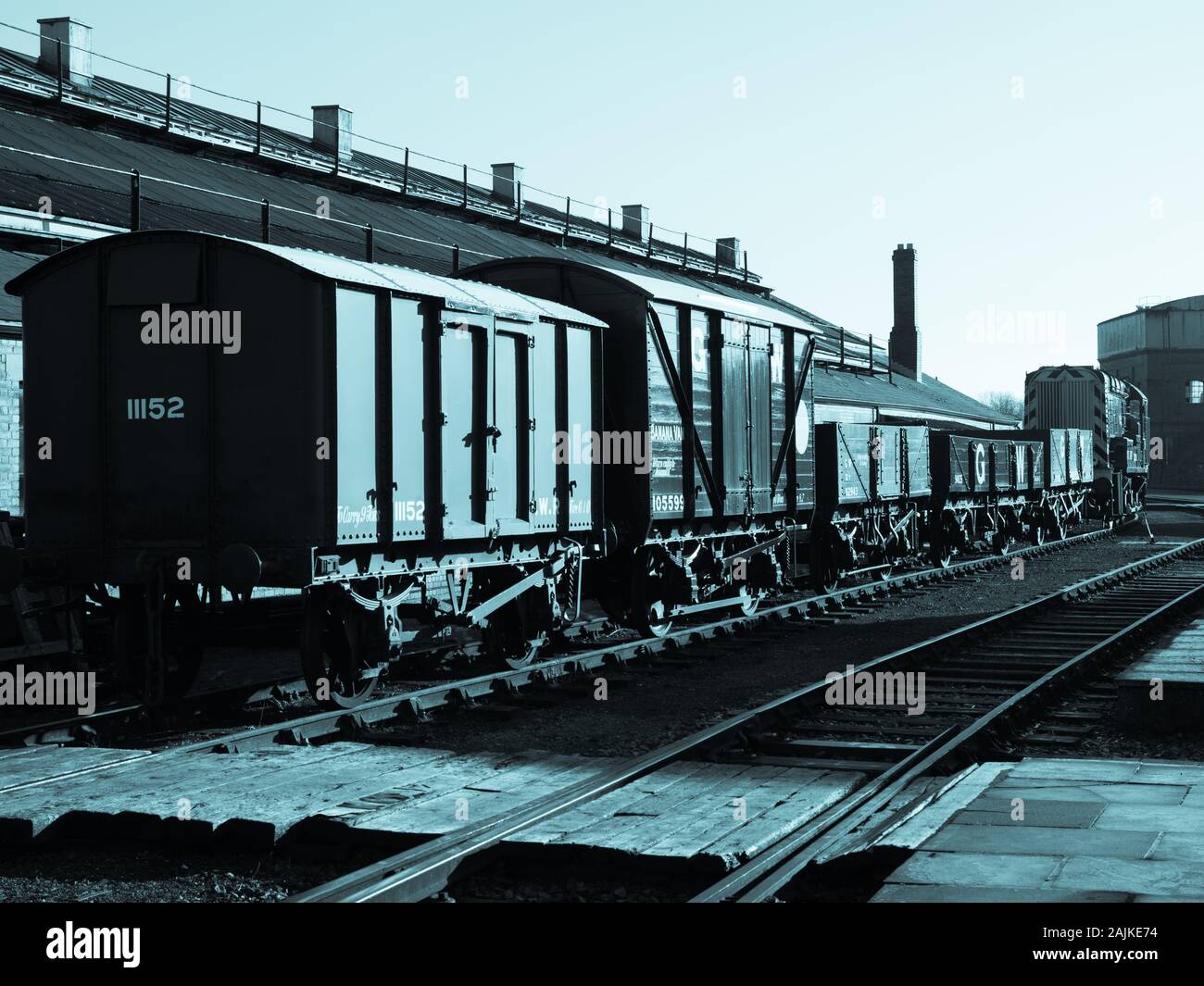 Stock Yard, Schwarze und Weiße, Eisenbahn Landschaft, Didcot Railway Centre, Gelsemium, Oxfordshire, England, UK, GB. Stockfoto