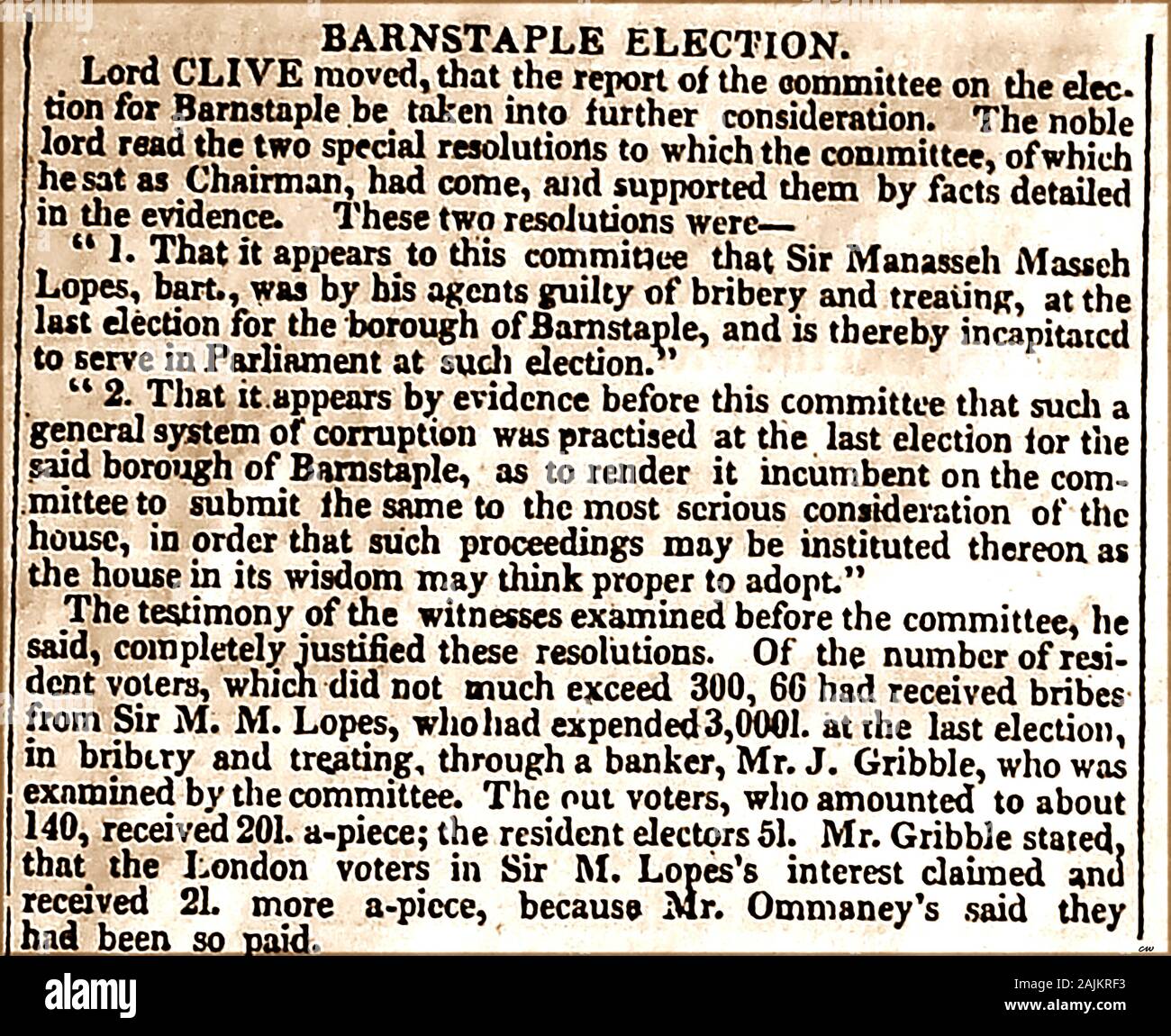 Ein Ausschnitt aus der Times 3.April 1819 - Barnstaple Wahl, Korruption und Bestechung. Barnstaple ist die Hauptstadt von North Devon, England und möglicherweise die älteste Gemeinde im Vereinigten Königreich. Stockfoto