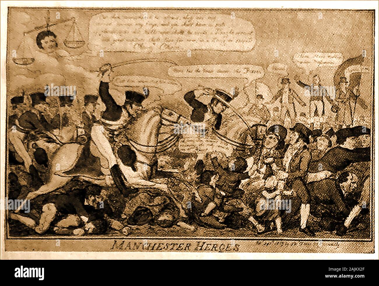 Ein 1819 satirische politische Karikatur über die Unruhen in Manchester (UK). Die peterloo Massaker fand in St. Peter Feld, Manchester, am Montag, den 16. August 1819. Kavallerie in Rechnung in eine Masse von 60.000 - 80.000, die gekommen war, Reformen der parlamentarischen Repräsentation zu verlangen. Stockfoto