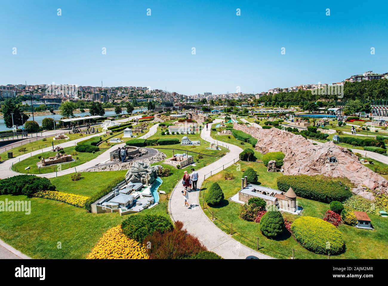 Istanbul, Turkey-July 12, 2017: Ein Blick auf die Miniaturk Park aus einer Höhe. Schöne und genaue Kopien von Attraktionen in reduzierter Form Stockfoto