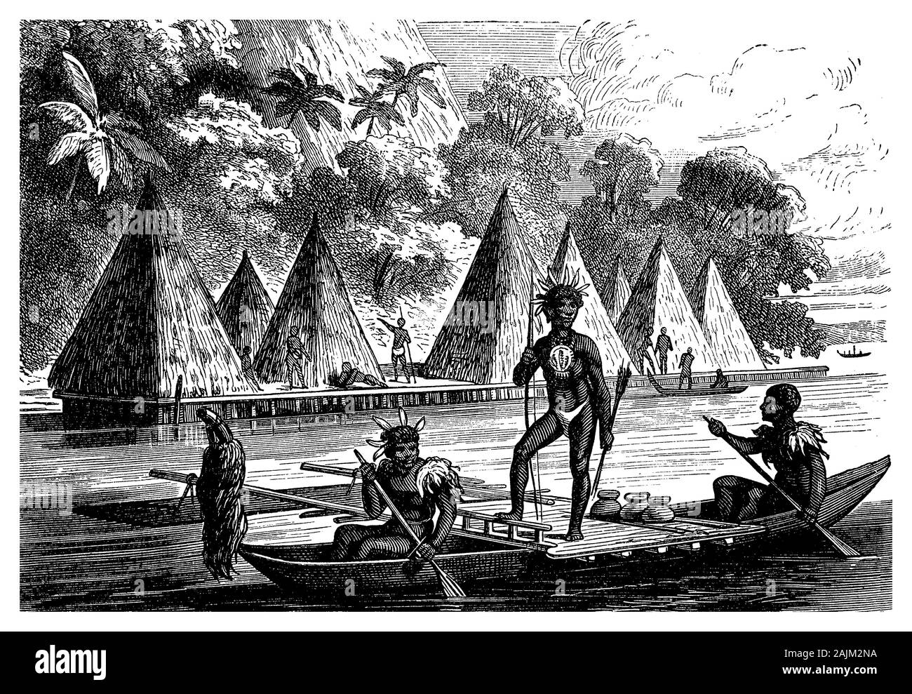 Papua-neuguinea Pfahlbauten angehoben auf Pfählen über dem Meer entlang der Küste oder auf Binnengewässer gebaut, Überschwemmungen, aus Bambus erstellt zu vermeiden und verstärkt mit deck Boards. Stockfoto