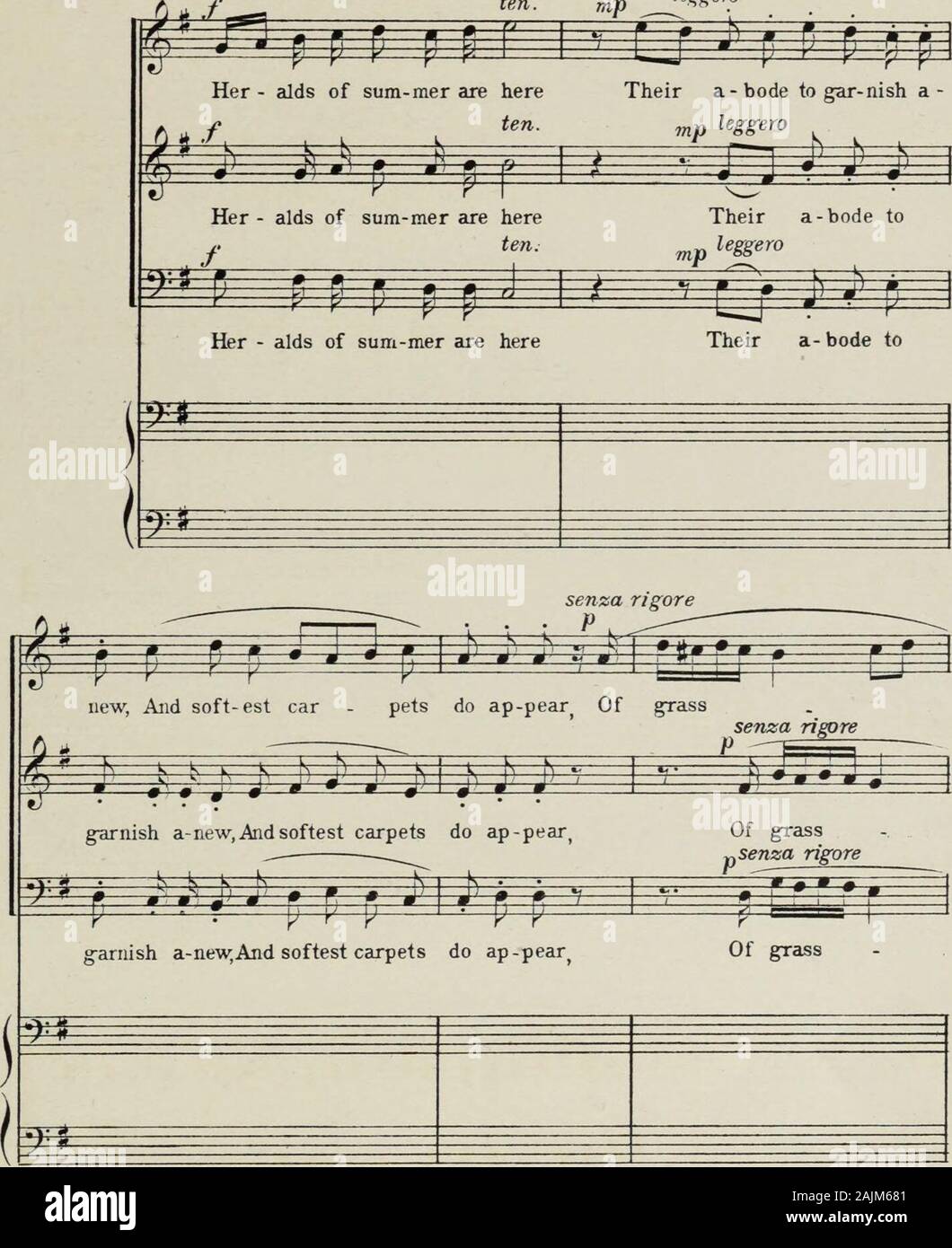 Vier Chöre in alten Sonatenform für die drei Männer stimmen, mit Präludien und Intermezzi für Harfe, Orgel oder Klavier. ihre Angriffs- und Verteidigungsmittel - ure.  z p " -l r-r ^^^^o^ • fl 1 - 1 1 - p ffff. P==? • *11|pi Y Y vier Chöre zu einem Freund Boten des Sommers SIND HIER CHARLES DORLEANS CARLOS SALZEDO Trans. Gertrude Maud Norman New York - Der H.W. Grau Co., alleinige Ag - ents für NOVELLO & Co., Limited - London Allegrramente (J = 96),     leggerQl. Copyright, 1918, von der H.W Grau Co. Stockfoto
