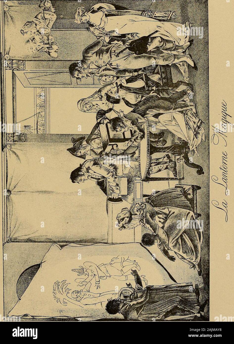 Histoire de Jouets: ouvrage contenant 250 Abbildungen dans le texte et 100 Gravures 50 planches hors Texte nicht coloriées à l'Aquarelle. /Ci-Lanterne? Effets MagiaiieJ semblables à ceux Assez sind du Mikroskop solaire. Quand auf einem recours à une lampecomme Quelle lumineuse, auf einer le Soin de Placer un Miroir qui spliérique réllécbil éclaire vivement Lalumière et les Objets dessinés sur la bande de Verre. Auf savait Déjà à cette époque La manière Je faire des projectionsanimées au moyen de deux Plaques de Verre, nicht Rime est fixe, tau-dis que lautre Porte la Partie mobile. Par ce moyen, un-ho Stockfoto