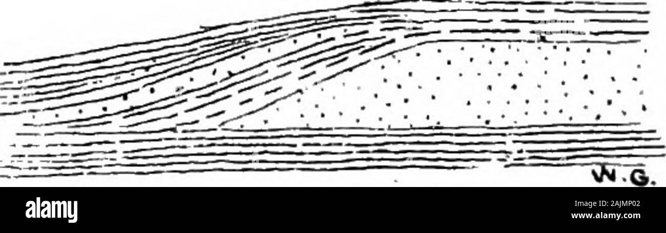 Die Geologie des Landes zwischen Norham und Tweedmouth in Northumberland (Erläuterung der Viertel - Blatt 110N W., neue Serie, Blatt 1). e und 1 bis 2 Fuß von eisenhaltigen Schlamm - stonebelow. Westlich von horncliffe die Betten dip von S. zu S.S.K. bei 15° bis 20°, und es gibt eine L&gt;ood Abschnitt im Steinbruch, mit Schiefer andcement-Steine vor weißen Sandstein Weitergabe in redsandstone. Die Betten sind auch aus horncliffe Haus andie Kettenbrücke (Union Bridge auf der Karte). Dicke-Bett-Zimmer Sandsteine mit einigen laminierte Sandsteine wechseln sich ab mit roten andgray Schiefer, Gebändert mit Zement-Betten. In der Nähe der Ch Stockfoto