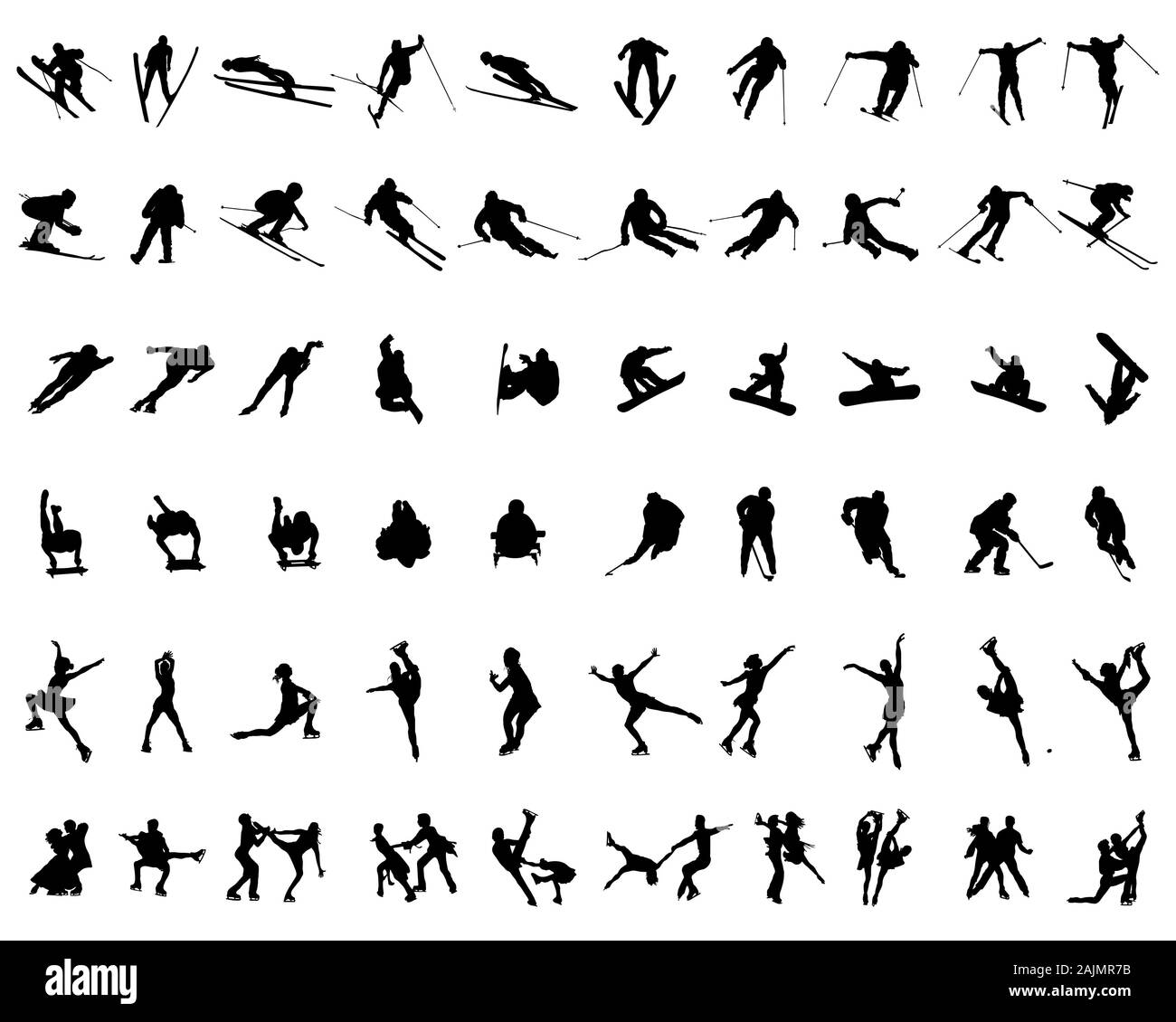 Satz Wintersport-Silhouetten auf weißem Hintergrund, Vektor Stockfoto