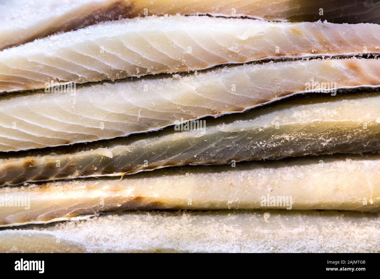 Ausgehärtete gesalzener Kabeljau in Mercat de l'Olivar, Palma, Mallorca, Spanien Stockfoto