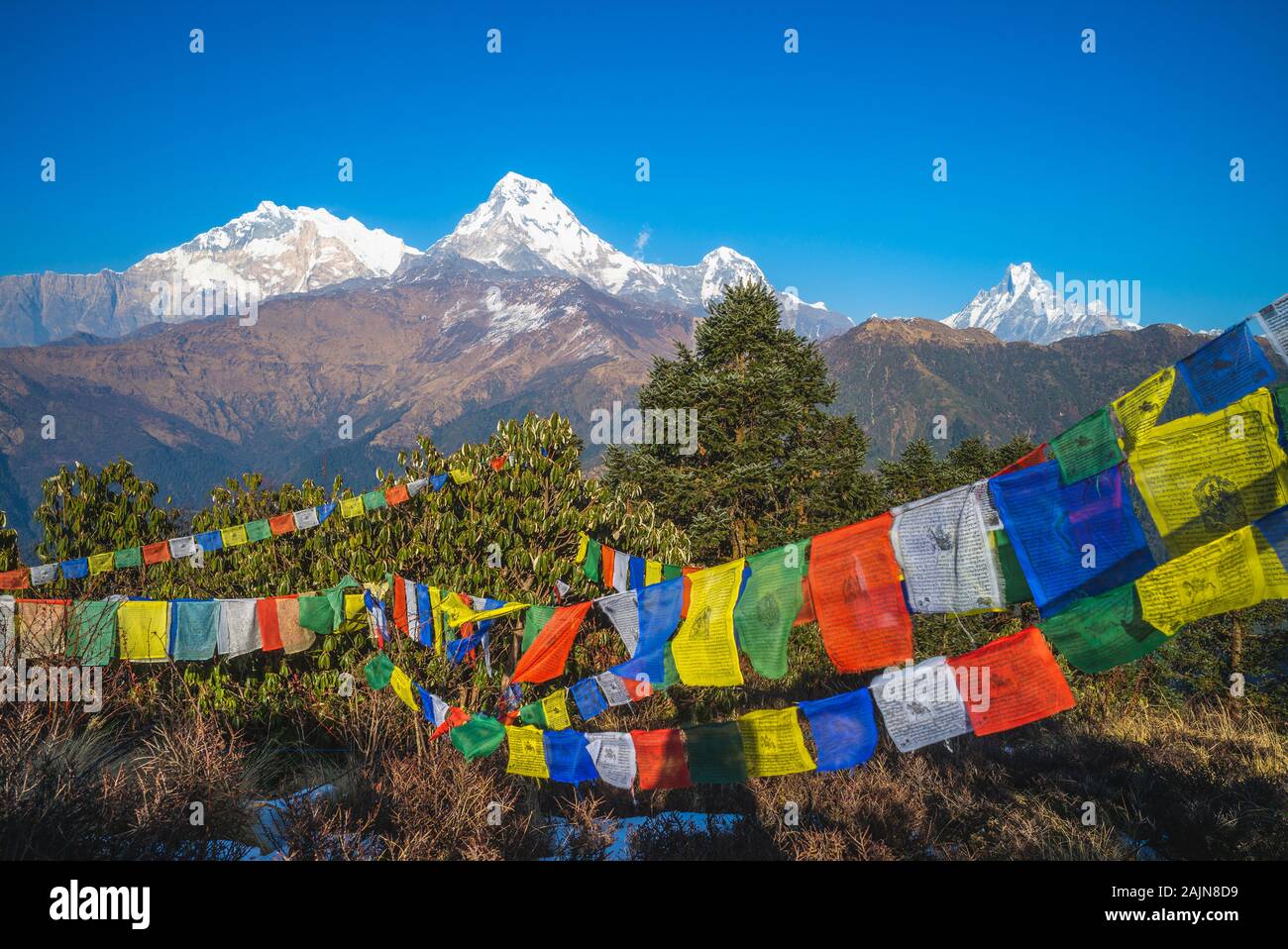 Annapurna Peak und Gebetsfahnen auf Poon Hill, Nepal Stockfoto