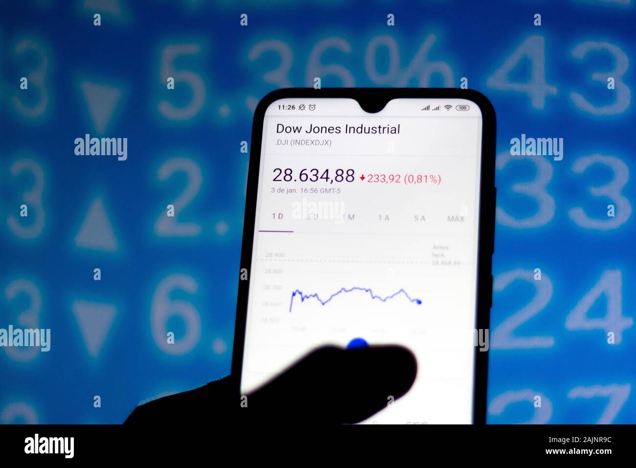 In diesem Foto Illustration der Börse Daten der Dow Jones Industrial Average wird auf dem Smartphone angezeigt. Stockfoto