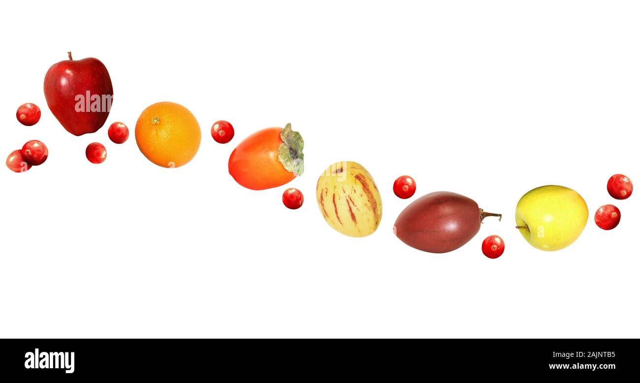 Frisches Obst wave Design mit Äpfel, Orangen, Kaki, und Preiselbeeren Stockfoto