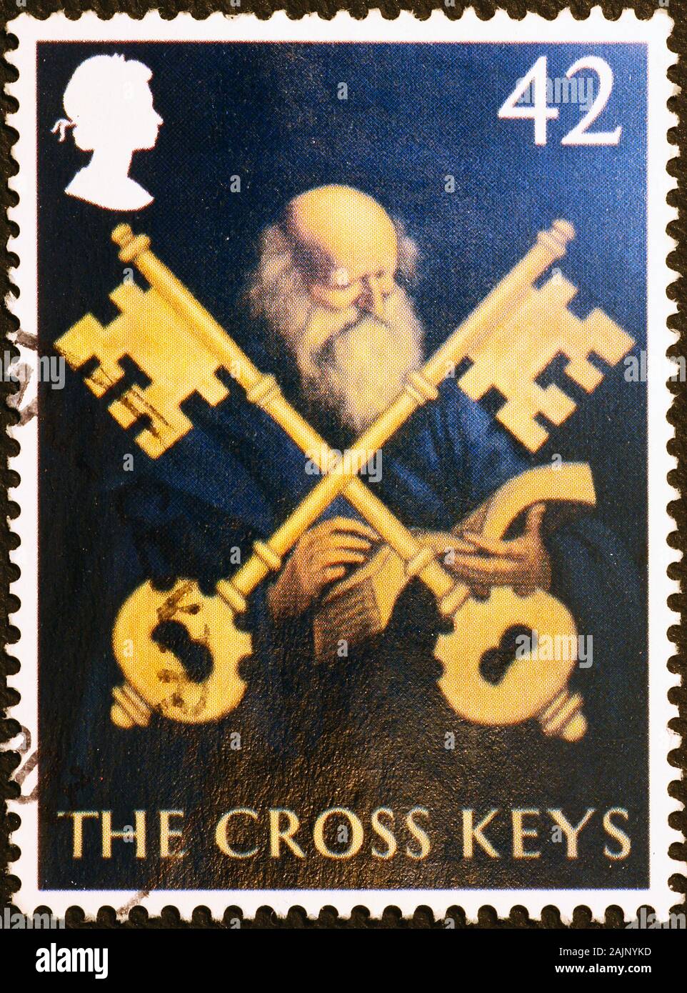 Englisches Pub-Zeichen, Kreuzschlüssel, auf Briefmarke Stockfoto