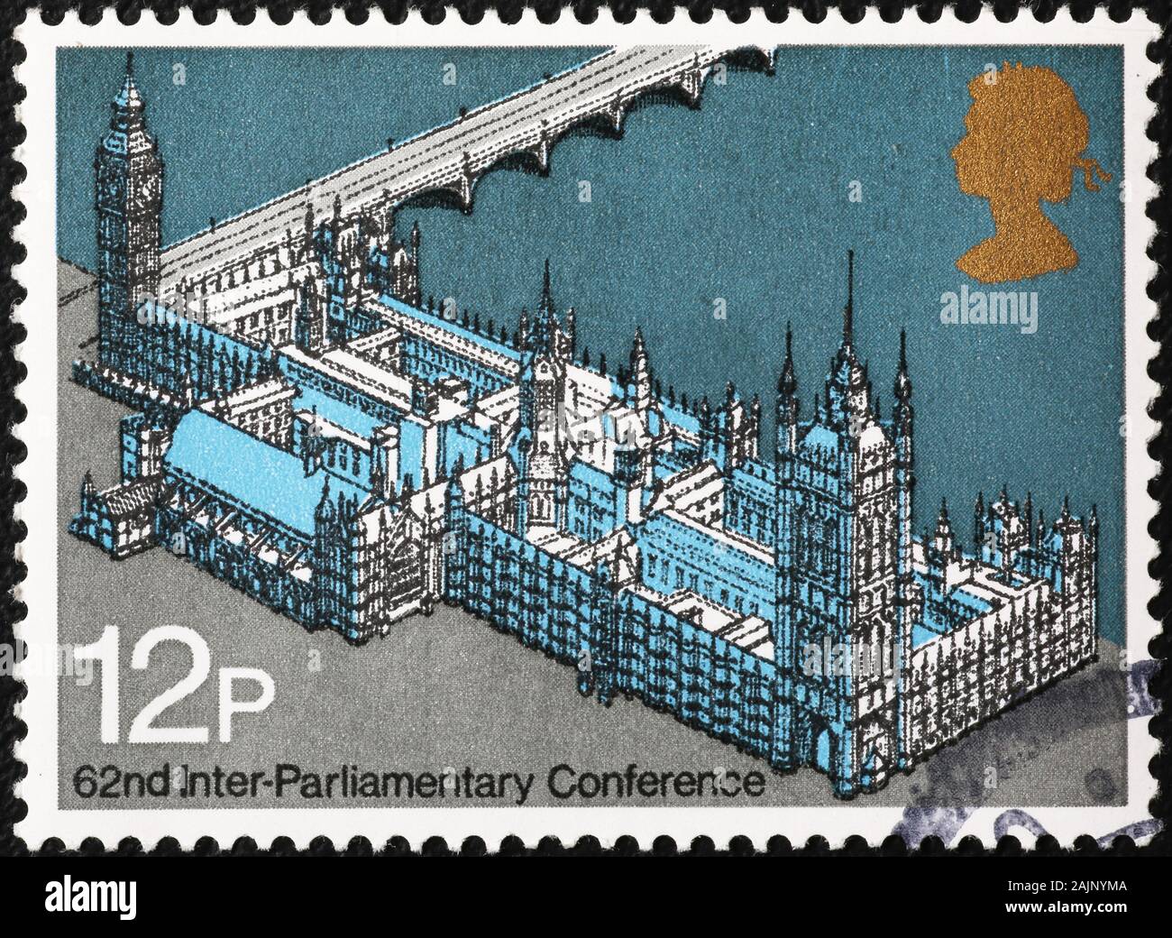 Parlamentsgebäude in London auf britischer Briefmarke Stockfoto