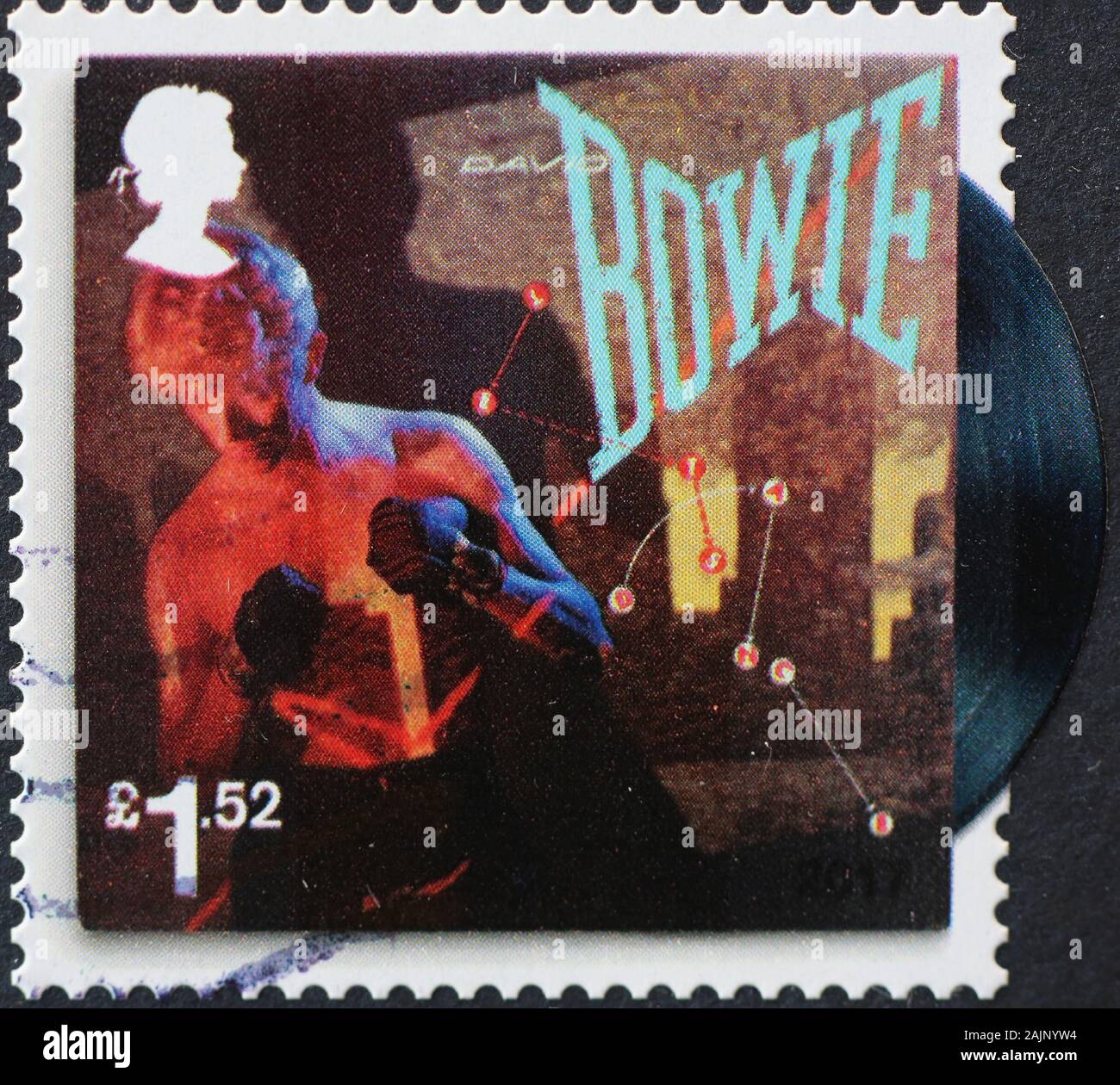 Plattencover von David Bowie auf Briefmarke Stockfoto