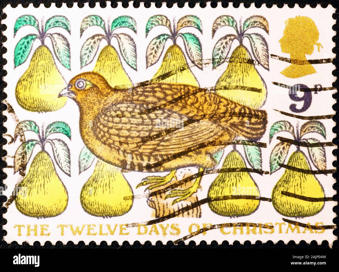 Zwölf Tage Weihnachten, 1. Tag auf britischer Briefmarke Stockfoto