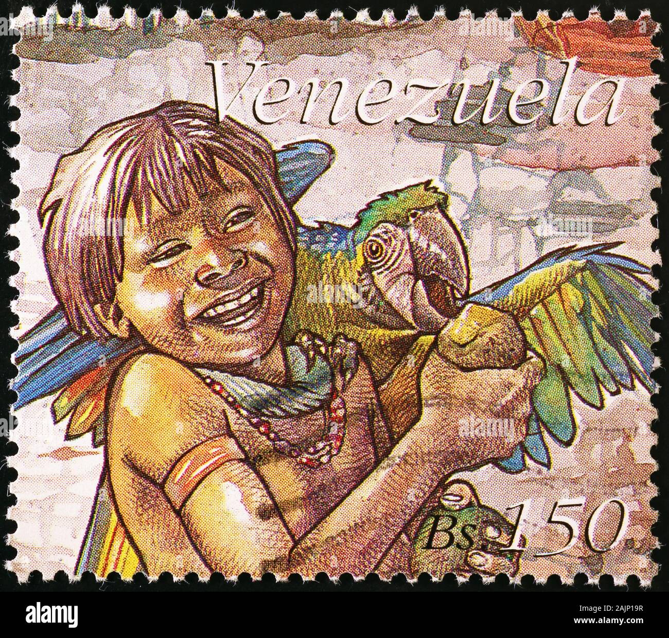 Kind und Papagei spielen auf dem venezolanischen Briefmarken Stockfoto