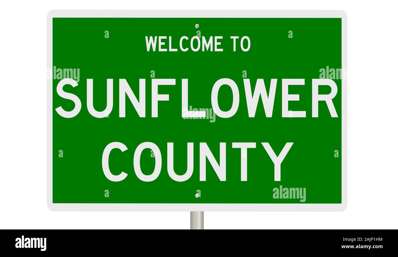 Rendering von einem grünen 3d Autobahn Zeichen für Sunflower County Stockfoto