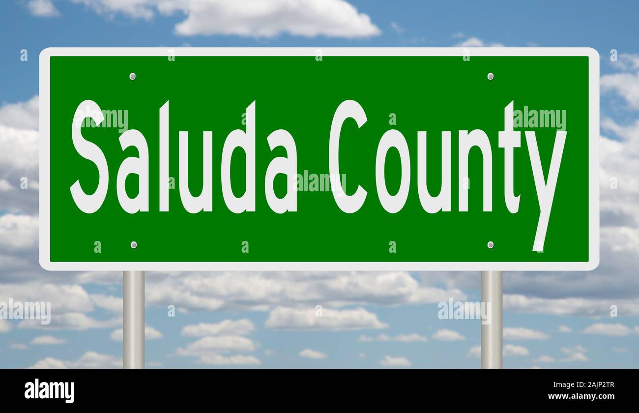 Rendering von einem grünen 3d Autobahn Zeichen für Saluda County Stockfoto