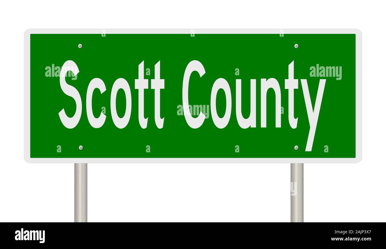 Rendering von einem grünen 3d Autobahn Zeichen für Scott County Stockfoto