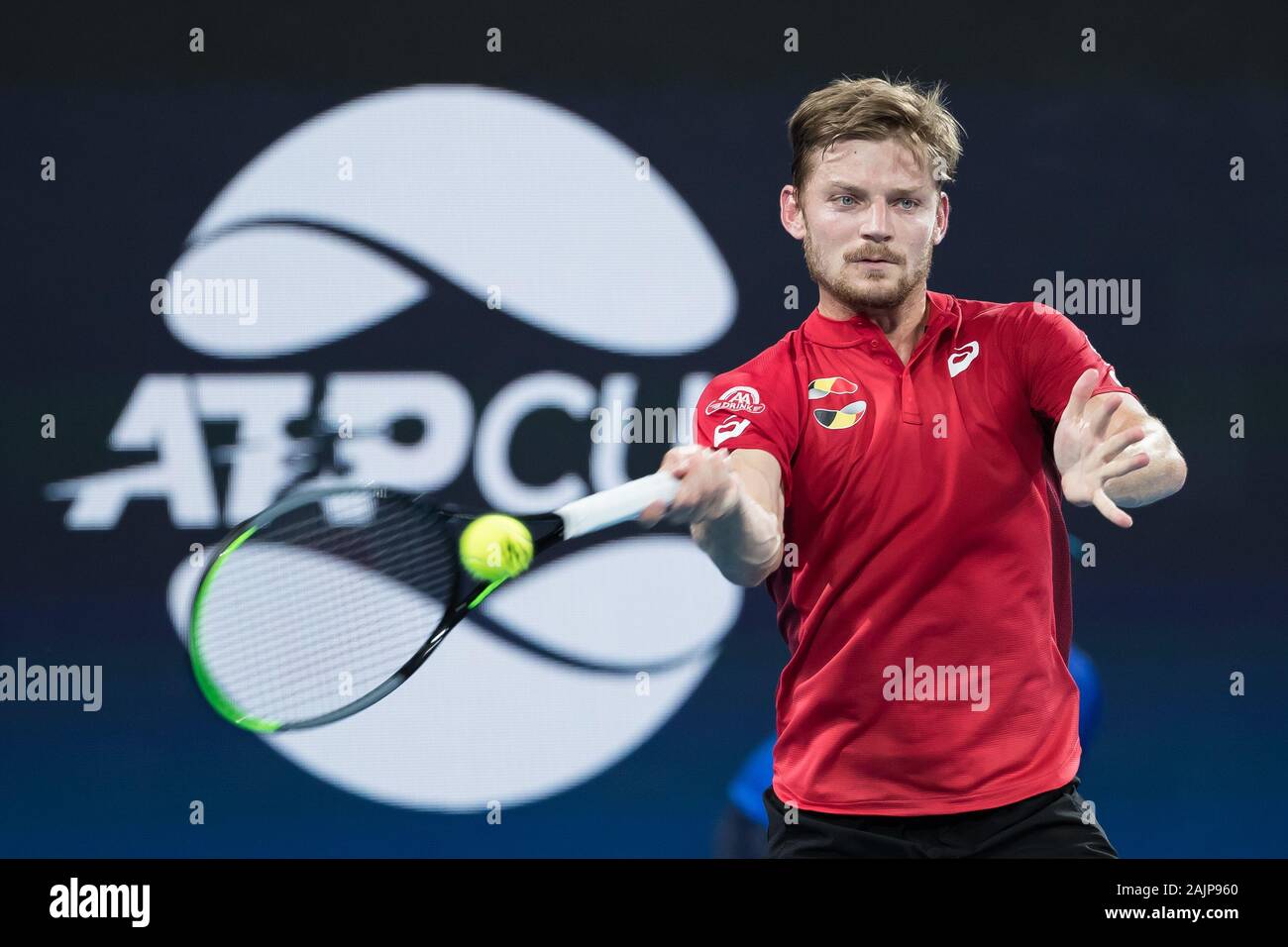 Sydney, Australien. 5 Jan, 2020. David Goffin Belgien liefert einen Schuß beim ATP-Cup Gruppe C Spiel gegen Daniel Evans von Großbritannien in Sydney, Australien, am Jan. 5, 2020. Credit: Zhu Hongye/Xinhua/Alamy leben Nachrichten Stockfoto