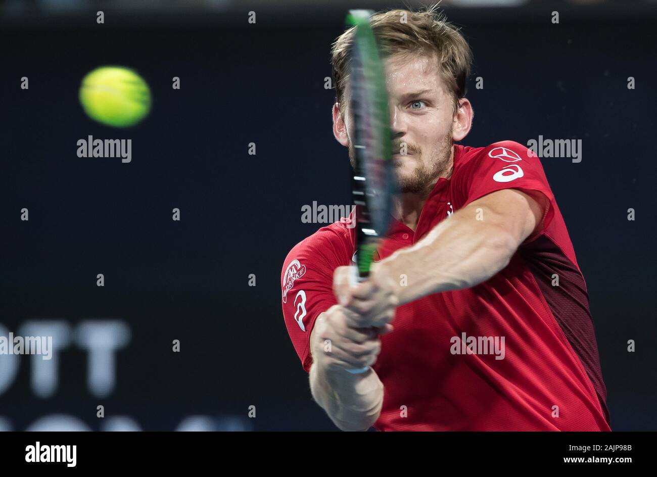 Sydney, Australien. 5 Jan, 2020. David Goffin Belgien liefert einen Schuß beim ATP-Cup Gruppe C Spiel gegen Daniel Evans von Großbritannien in Sydney, Australien, am Jan. 5, 2020. Credit: Zhu Hongye/Xinhua/Alamy leben Nachrichten Stockfoto