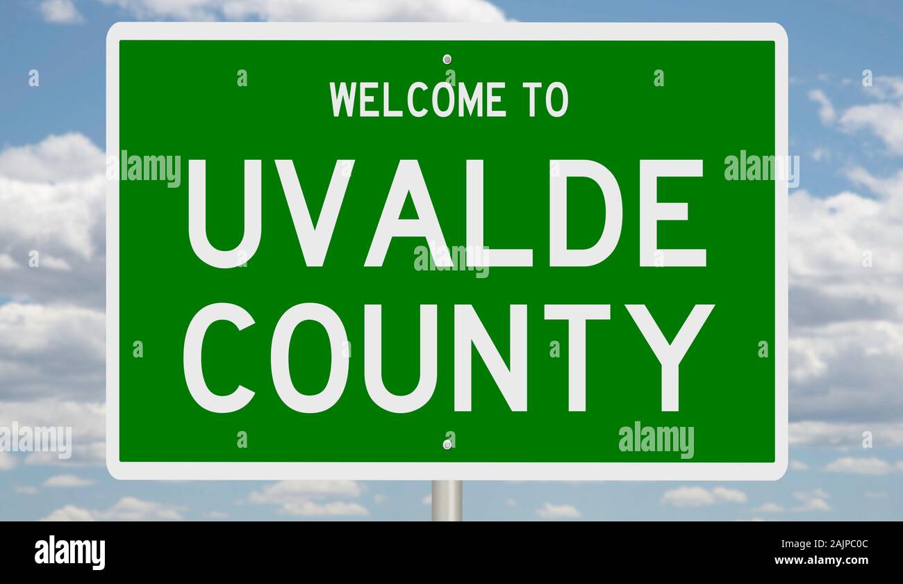 Rendering von einem grünen 3d Autobahn Zeichen für Uvalde County Stockfoto