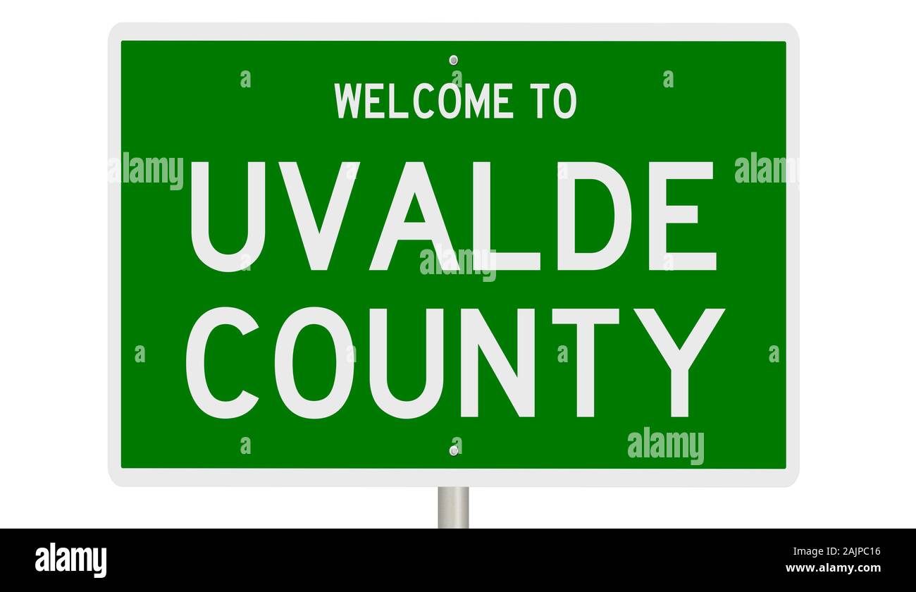 Rendering von einem grünen 3d Autobahn Zeichen für Uvalde County Stockfoto