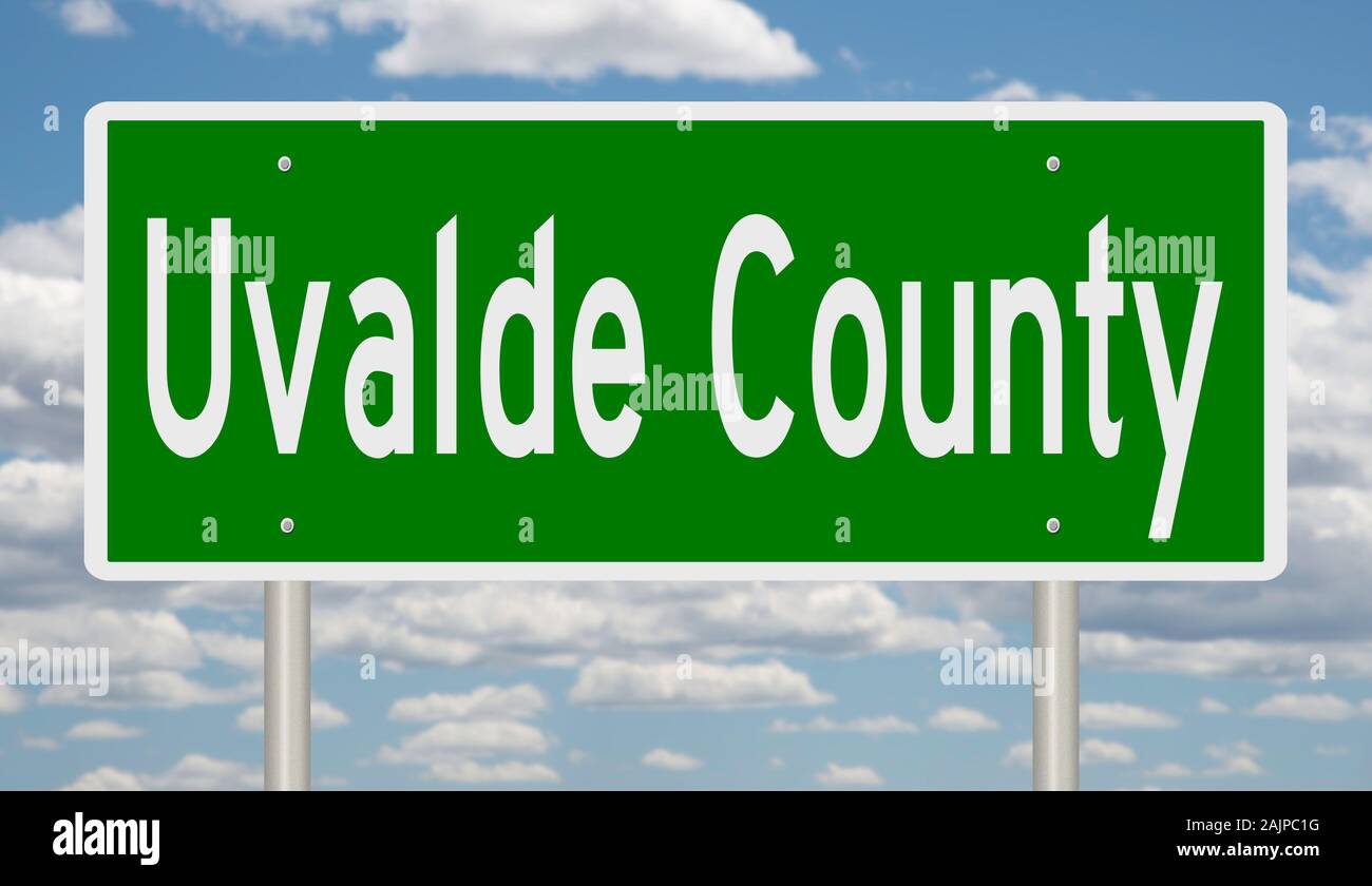 Rendering von einem grünen 3d Autobahn Zeichen für Uvalde County Stockfoto