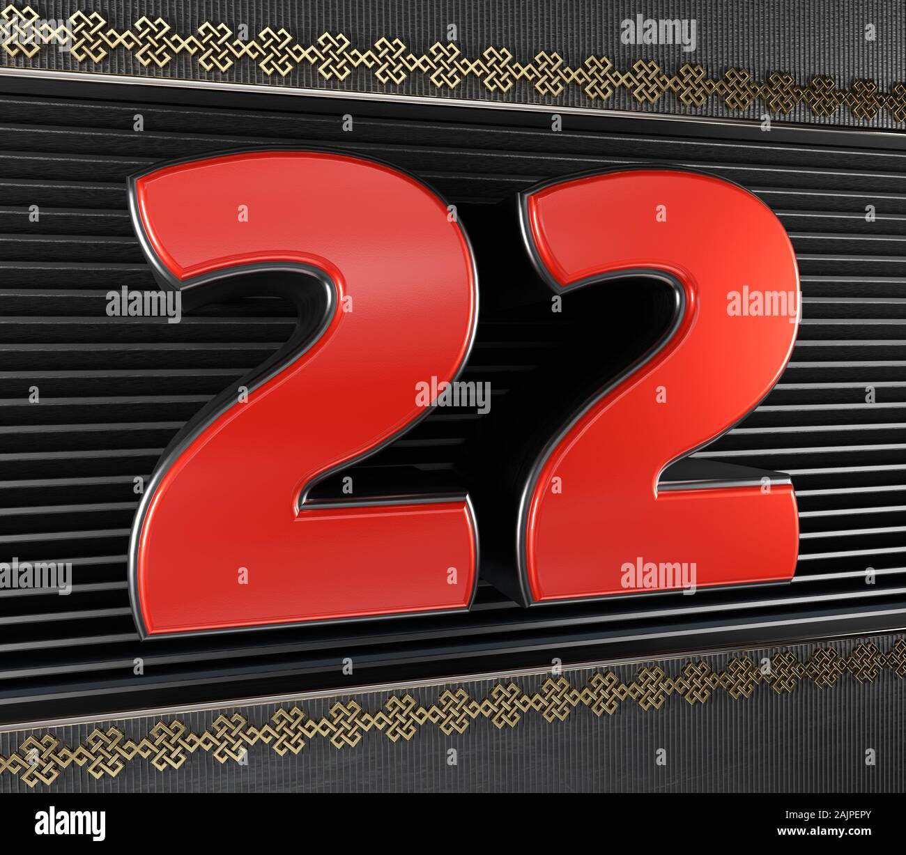 Rote Nummer 22 (Nummer 22) mit goldenen Symbole endloser Knoten. 3D-Darstellung Stockfoto