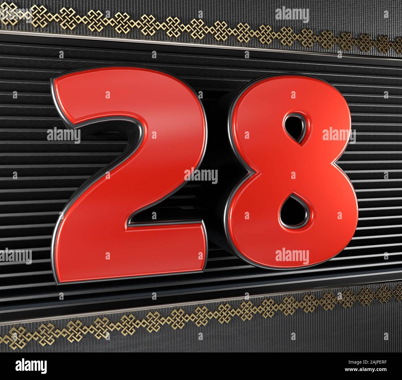 Rote Zahl 28 (Nummer 28) mit goldenen Symbole endloser Knoten. 3D-Darstellung Stockfoto