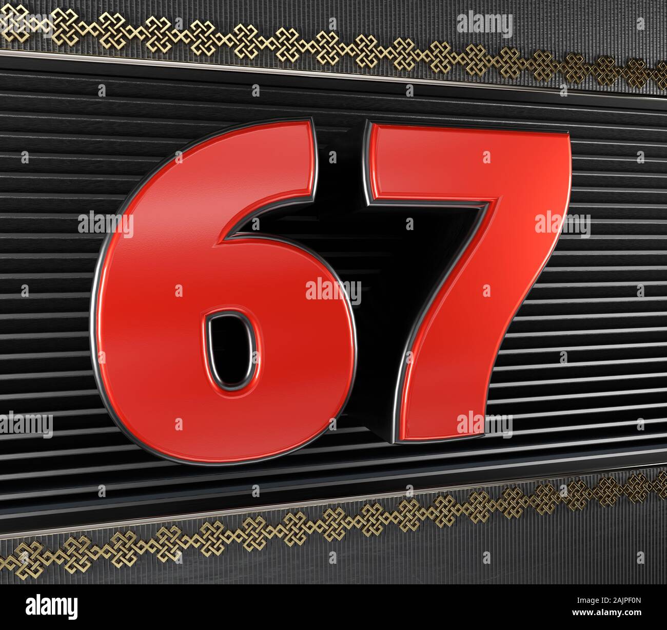 Rote Zahl 67 (Nummer 67) mit goldenen Symbole endloser Knoten. 3D-Darstellung Stockfoto