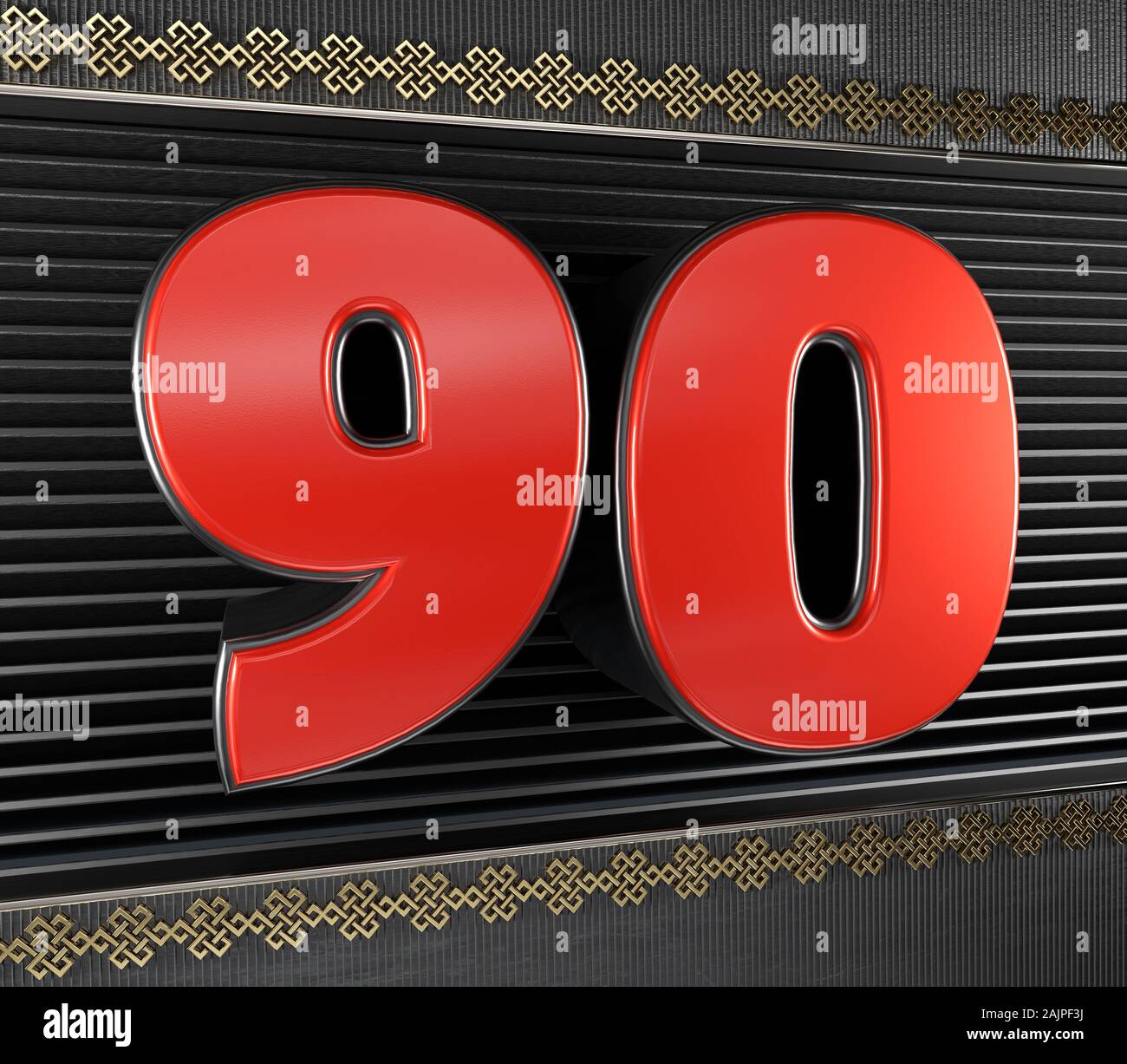 Rote Nummer 90 (Nummer 90) mit goldenen Symbole endloser Knoten. 3D-Darstellung Stockfoto