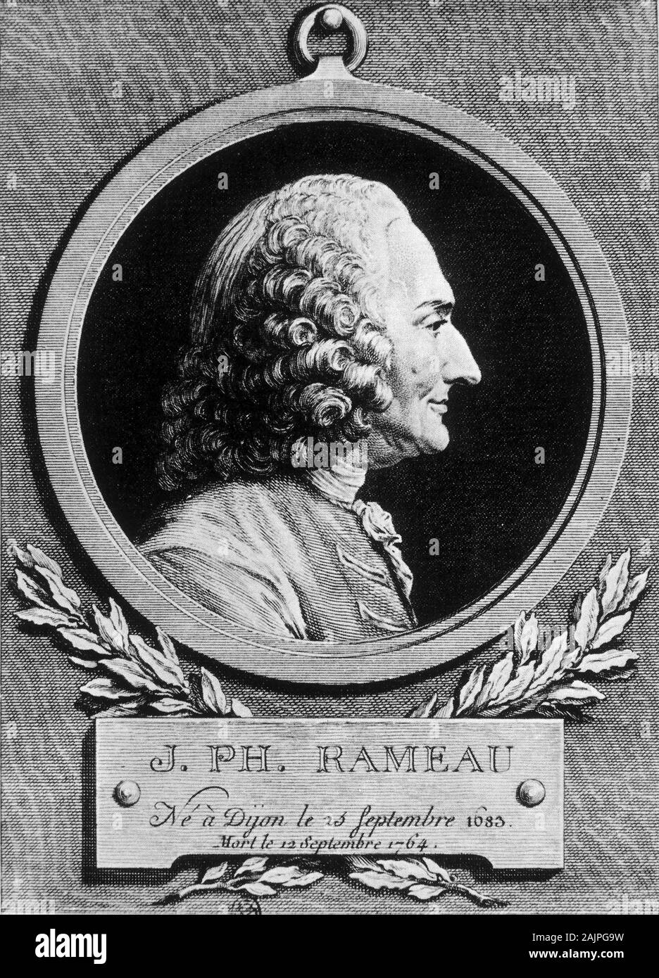 Portrait de Jean Philippe (Jean-Philippe Rameau, Spielzeit) Francais (1683-1764) - Tiefdruck, XVIIIeme siecle Stockfoto