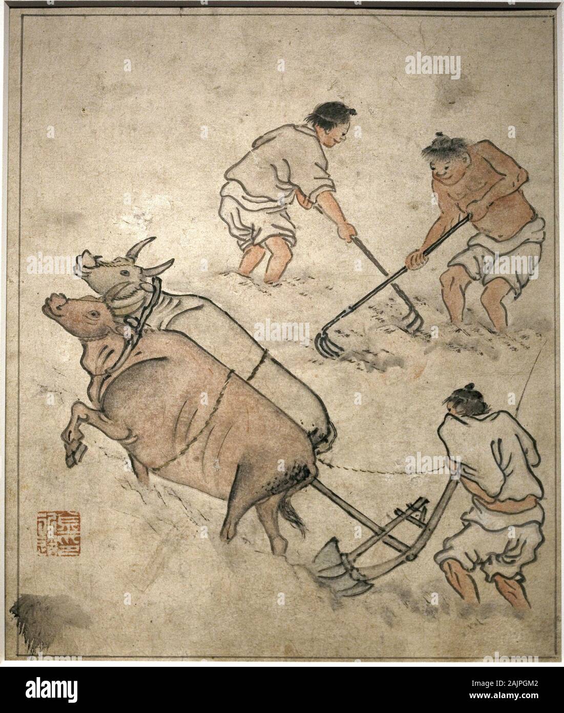 Szene de travail Agricole. Peinture de Danwon (Kim Hongdo) (1745-1806), encre sur papier, Kunst coreen, periode Joseon-dynastie (choson) 18e siecle. Musee Nation Stockfoto