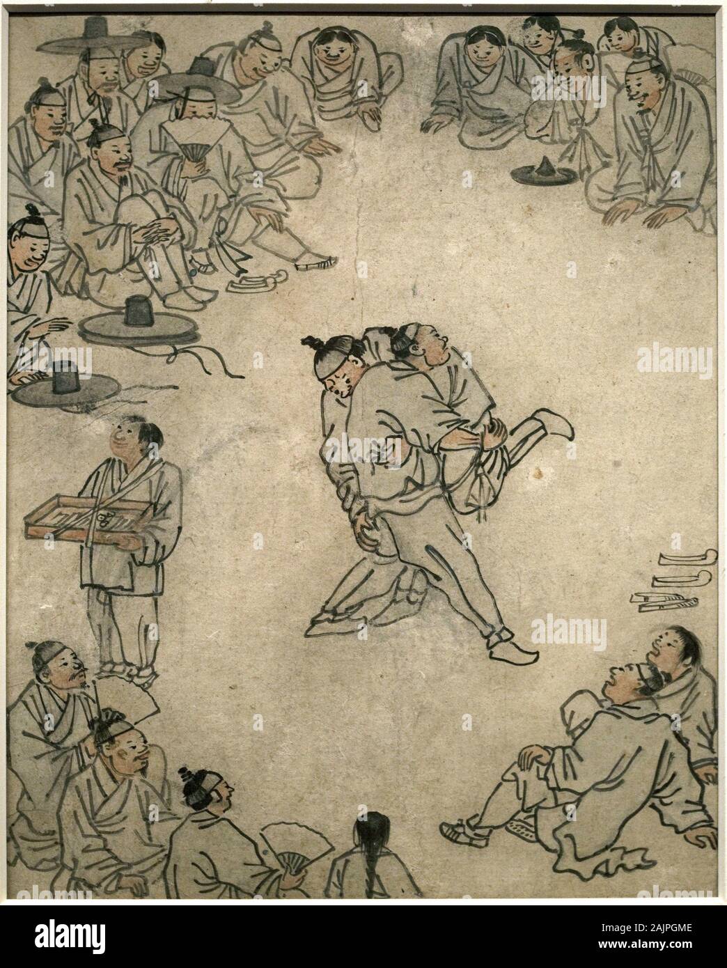 Szene de lutte traditionnelle, avec spectateurs et un vendeur de Confiseries. Peinture de Danwon (Kim Hongdo) (1745-1806), encre sur papier, Kunst coree Stockfoto