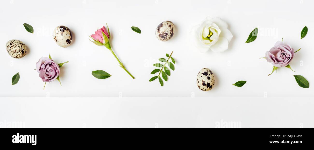 Kreative Gestaltung florales Muster mit Wachteleier. Ostern minimalen Begriff, Anner Format. Stockfoto