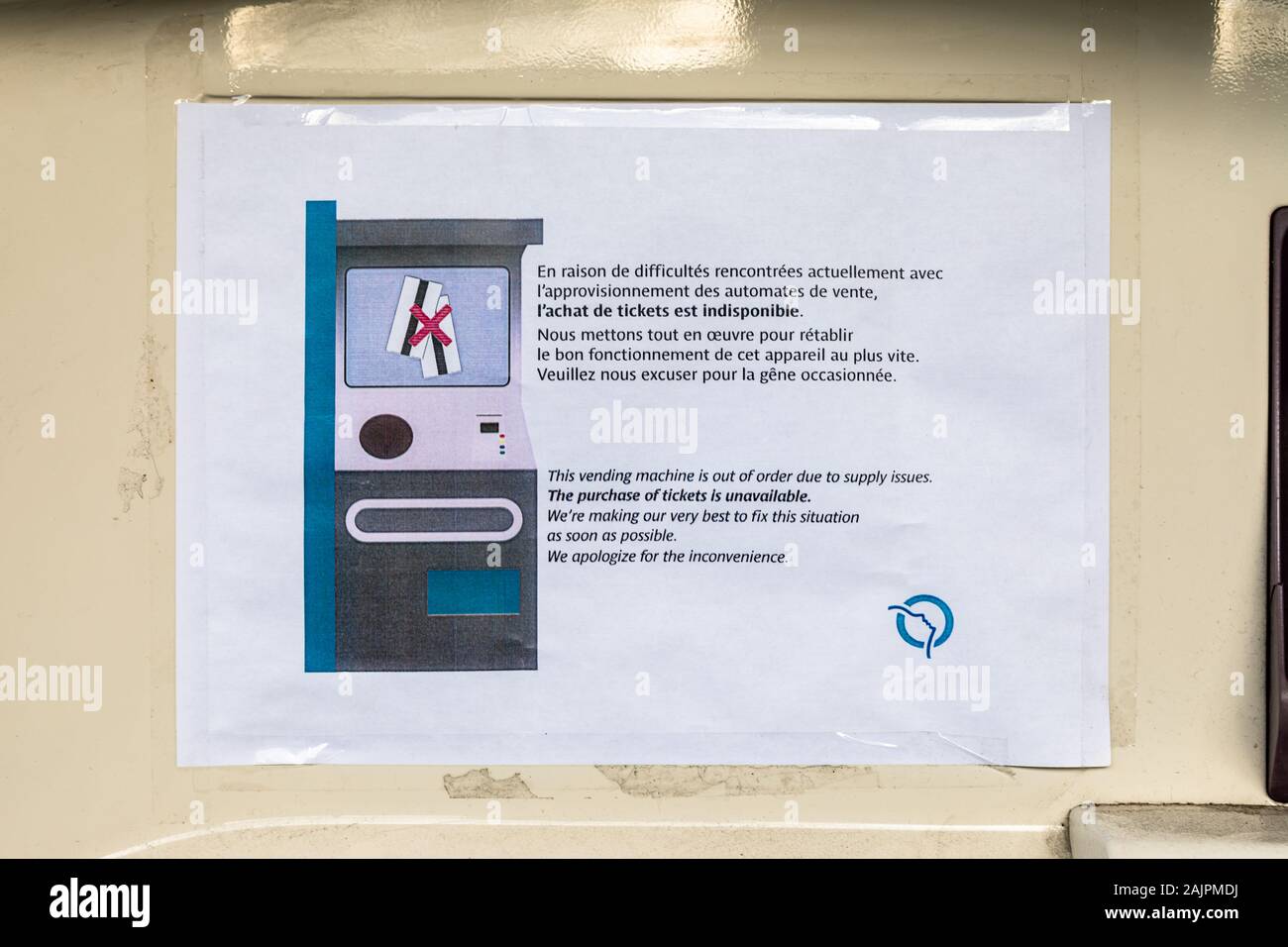 Öffentlichen Verkehrsmitteln Streik in Paris, Frankreich (2019/20) - Mitteilung über Ticketautomat sagen der Kauf von Tickets nicht verfügbar ist Stockfoto