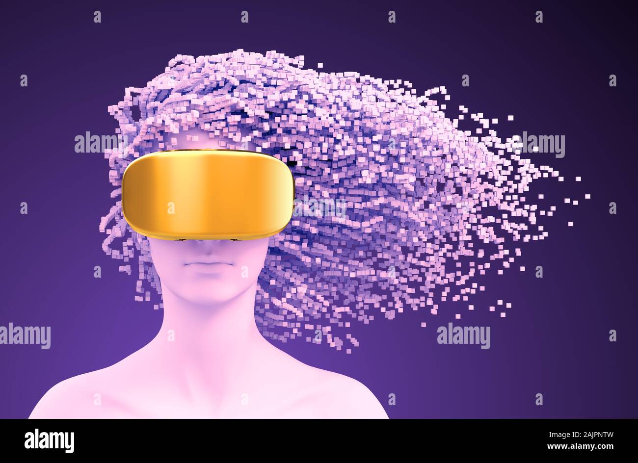Schöne Frau mit VR-Brillen und einem 3D-Pixel wie Haare auf lila Hintergrund Stockfoto
