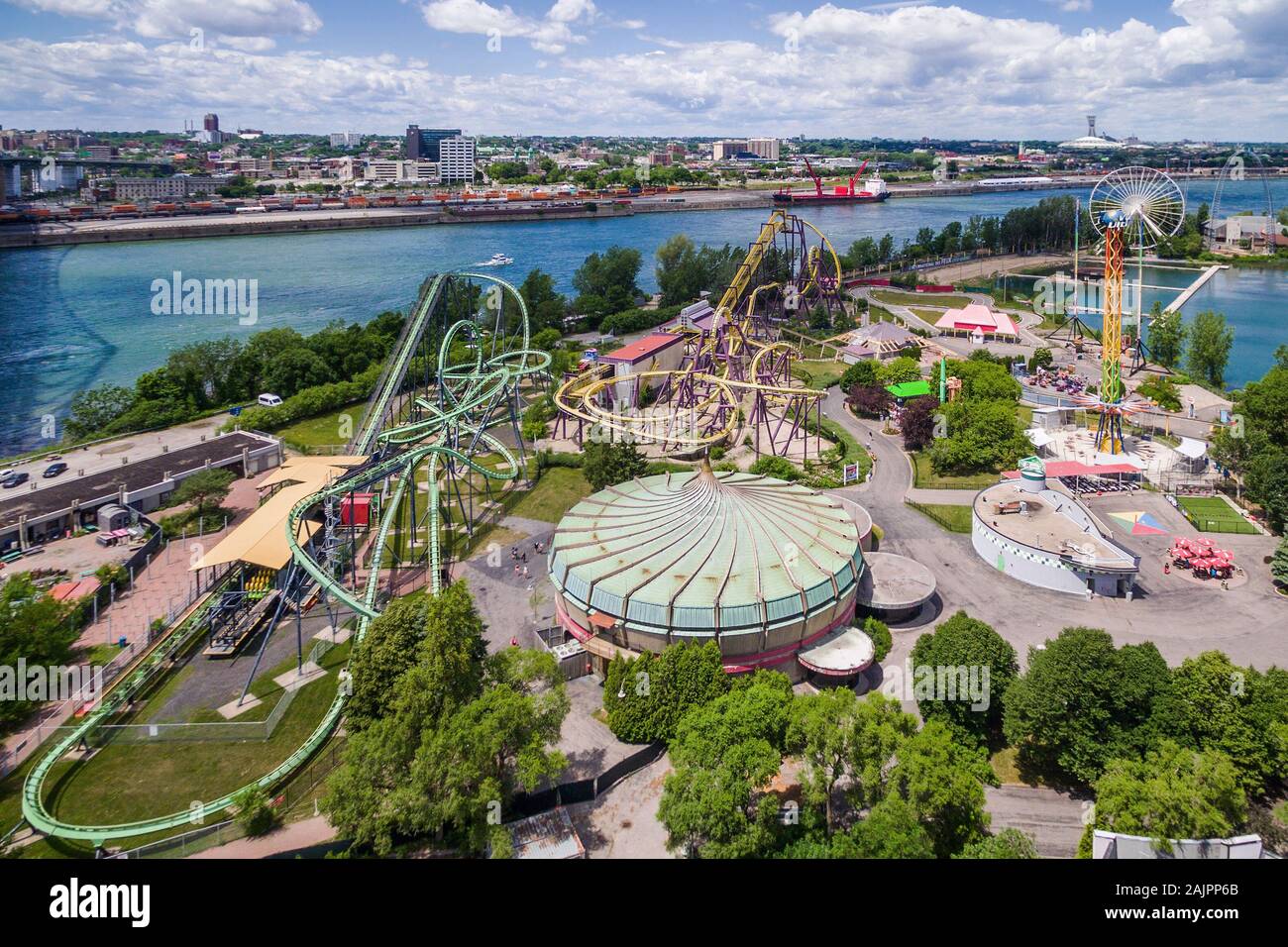 Luftaufnahme von La Ronde Freizeitpark in Montreal, Quebec, Kanada. Stockfoto