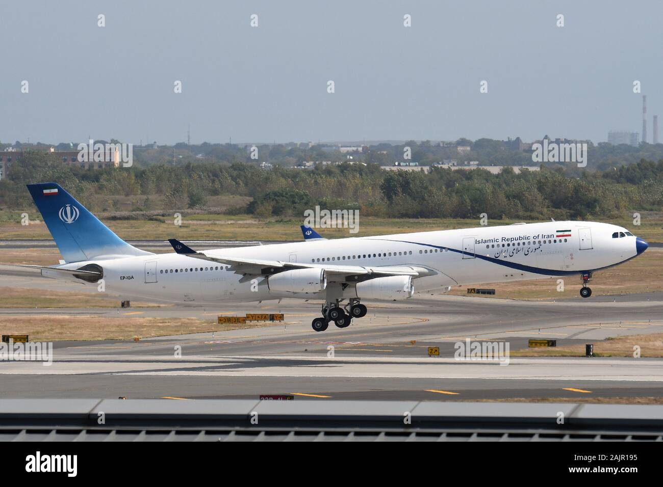 Die ISLAMISCHE REPUBLIK IRAN REGIERUNG AIRBUS A340 IN NEW YORK. Stockfoto