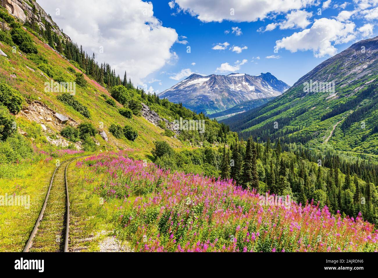 Skagway, Alaska. Die malerische White Pass & Yukon Route Railroad. Stockfoto