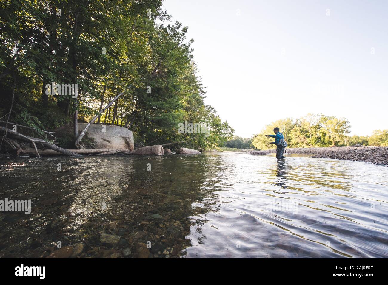 Man Fliegenfischen auf dem Saco River in North Conway, NH Stockfoto