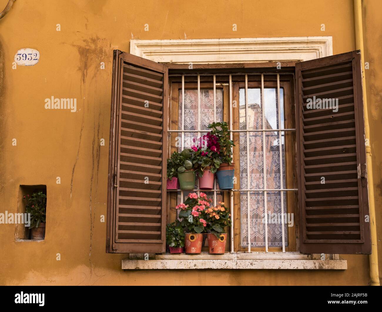Buntes Fenster in Rom, Italien mit Blumentöpfen und Spiegelung. Stockfoto