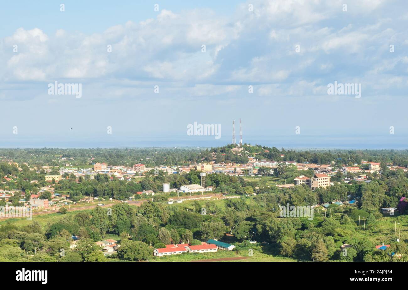 Ein Panoramablick von Marsabit im Norden Kenias. Die Stadt liegt am Fuße des Mount Marsabit. Stockfoto