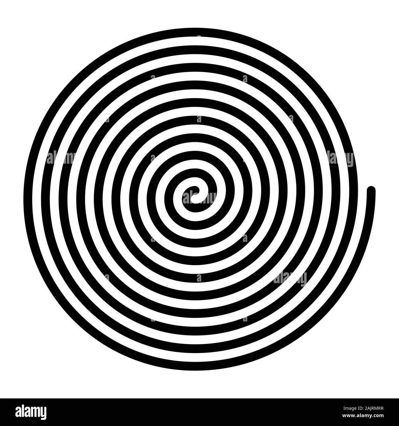 Große lineare Spirale. Archimedische Spirale der Farbe schwarz mit 10 Drehungen eines Arms einer arithmetischen Spirale, Drehen mit konstanter Winkelgeschwindigkeit. Stockfoto